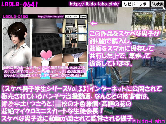 【●【スケベ男子学生シリーズVol.33】インターネットに公開されて販売されているパンチラ盗撮動画。なんとその被害者は、津差宇土（つさうと）学校の才色兼備・高値の花の超絶マイクロミニスカートな生徒会長！スケベな男子達に動画が回されて鑑賞される様子。】Libido-Labo