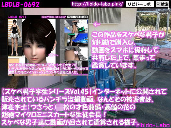 【●【スケベ男子学生シリーズVol.45】インターネットに公開されて販売されているパンチラ盗撮動画。なんとその被害者は、津差宇土（つさうと）学校の才色兼備・高値の花の超絶マイクロミニスカートな生徒会長！スケベな男子達に動画が回されて鑑賞される様子。】Libido-Labo
